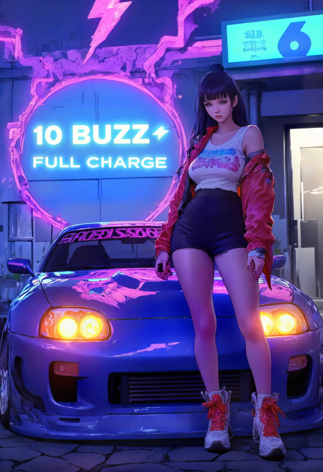 anime, cyberpunk illustration of a girl standing next to a modified Toyota supra. She uses a tank top jacket a t-shirt and shorts. She in futuristic gas station with neon lights shaped like a lighting bolt logo and the words: "10 BUZZ FULL CHARGE".