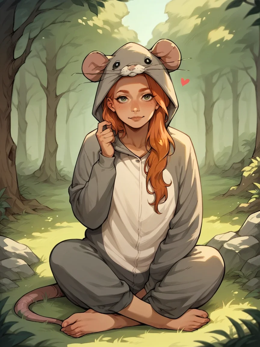 score_9, score_8_up, score_7_up, score_6_up, score_5_up, <lora:ratonsieXLP3:1> rat onsie, barefoot, animal costume, tail, 1girl, ginger hair, sitting, heart, forest