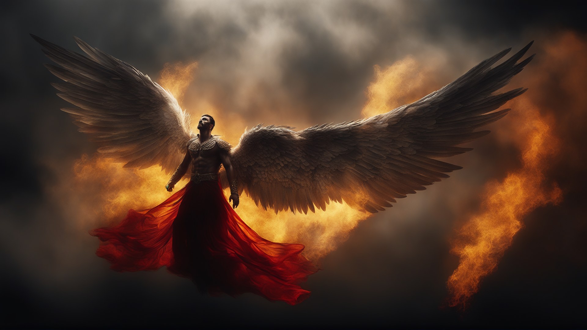 A perfect photography of an angel floating in the air.   The large wings extending from his back. The symmetrical wings are menacing; they are spread wide and  are in intense dark yellow and red flames.
There is a misty or smoky atmosphere around the figure, giving the picture a mystical element. The picture is in a monochromatic scheme, mainly with shades of black, white and gray.
(intricate details, insane details, highly detailed, ultra high quality, sharp focus, high contrast, best shadows, soft lighting, dark artificial light, volumetric lighting, cinematic lighting, epic cinematic, 8k UHD, RAW photo, film grain, denoise, photorealistic, photo realism, long shot, centered:1.4)