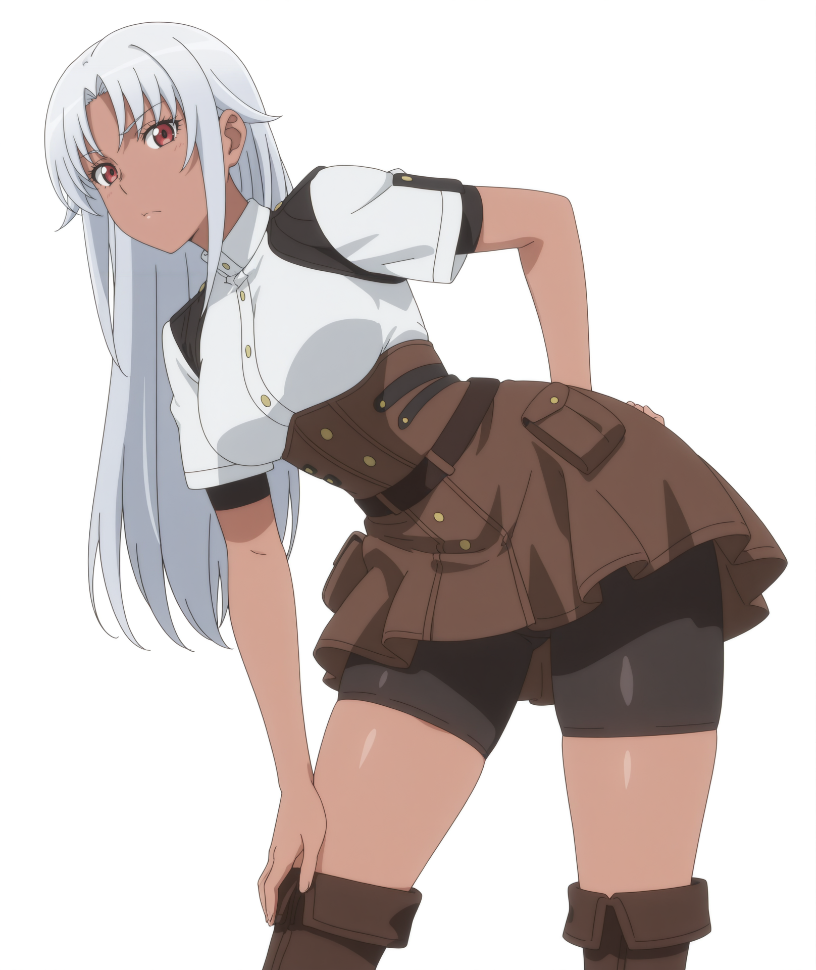 highres, absurdres, hi res, best quality, masterpiece, 2d, intricate details, 4k, anime coloring,
1girl, solo, nose, long hair, red eyes, white hair, grey hair, dark skin, dark-skinned female,
skirt, short sleeves, bike shorts under skirt, bike shorts, corset, brown skirt, shorts,
boots, thigh boots, brown footwear,
upper body, leaning forward, 
white background, <lora:Aqua_(Character)_ILXL:1>