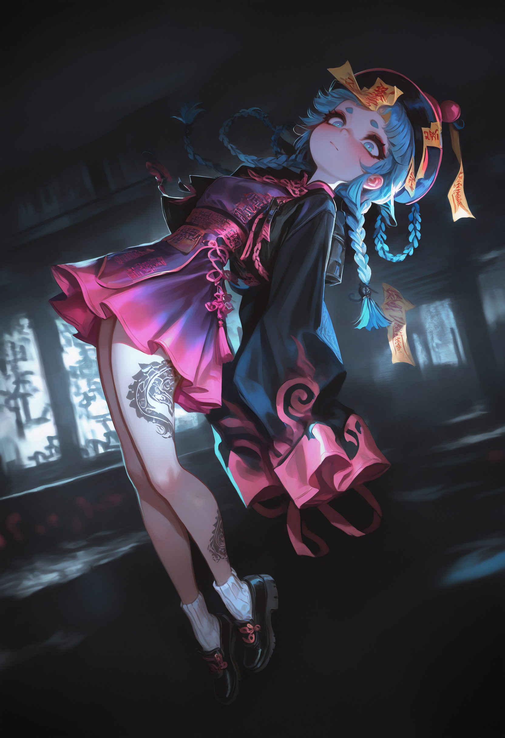 masterpiece, best quality, good quality, very aesthetic, absurdres, newest,  dynamic angle,dynamic pose, 1girl, black footwear, black jacket, blue eyes, blue hair, blush, braid, dress, full body, gradient clothes, gradient dress, jacket, (jiangshi:1.2), leg tattoo, multicolored hair, ofuda, pink hair, purple dress, short eyebrows, sleeves past fingers, sleeves past wrists, socks, split-color hair, tassel, tattoo, twin braids, white socks, horror,psychedelic, simple horror background,
shadowy lighting, cinematic atmosphere, <lora:ponyv4_noob1_2_adamW-000017:0.7> <lora:USNR_STYLE_XL_lokr:1> <lora:GBF_Illustrious:0.3>
