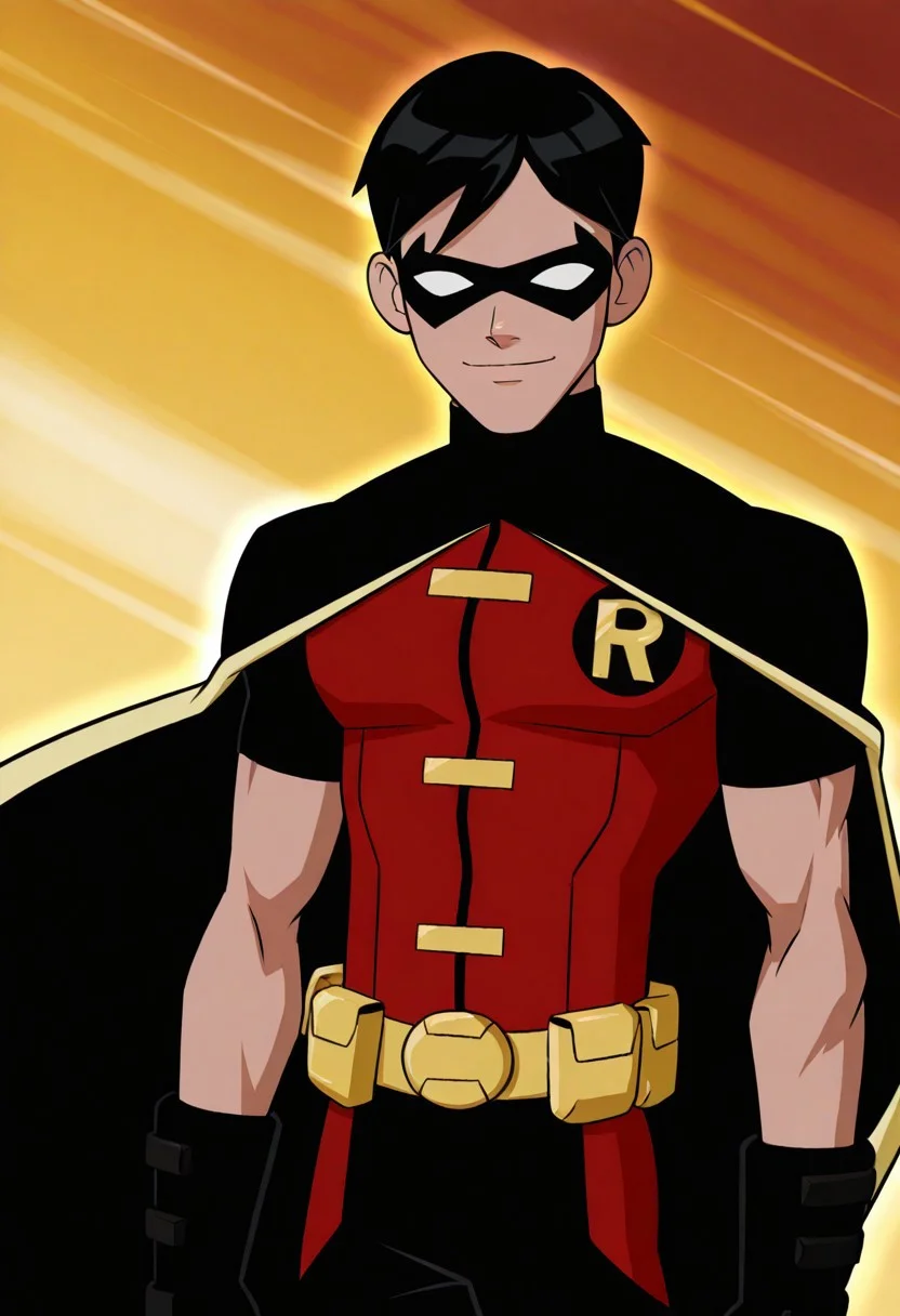 Justice_Robin,1boy,solo,male focus,black hair,short hair,domino mask,no pupils,black cape,red vest,black gloves,yellow utility belt,superhero,black pants,upper body,smile
