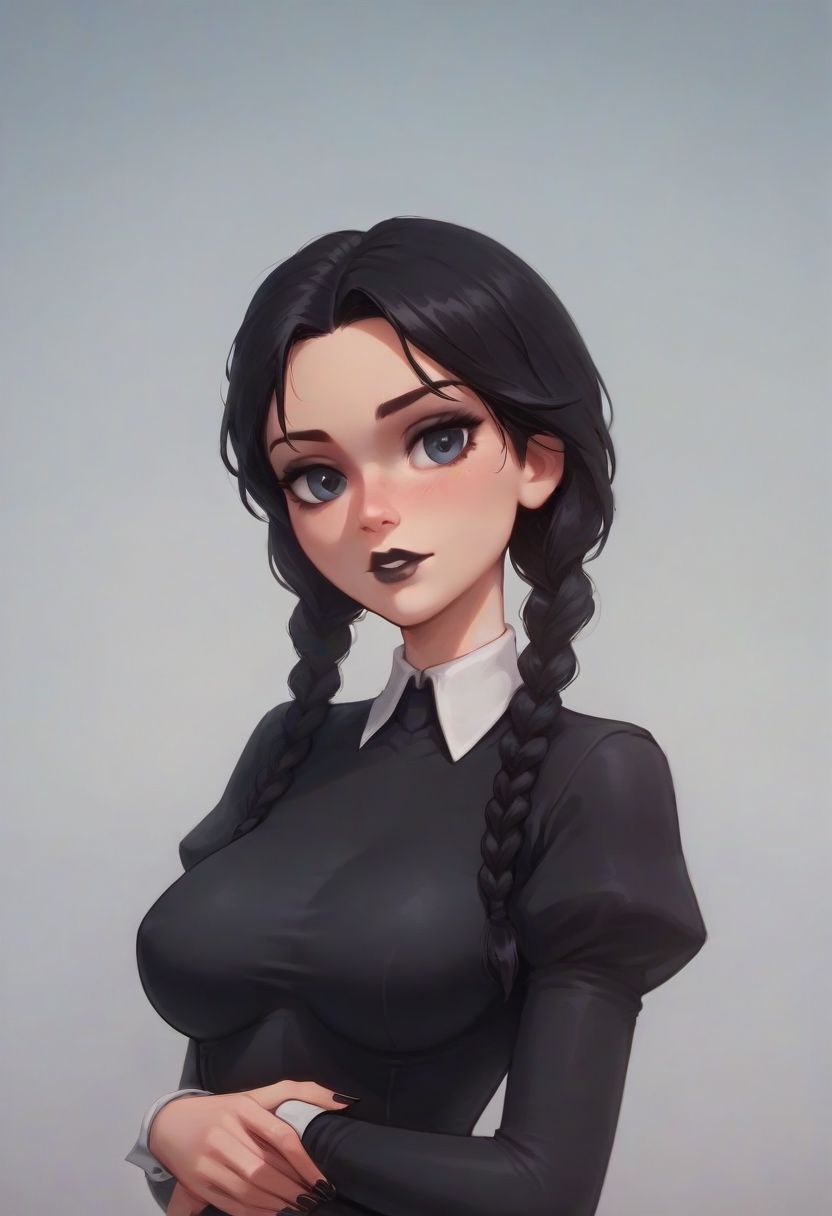 score_9, score_8_up, score_8, score_7_up, score_7, rate_safe, 
(best quality:1.1), (masterpiece:1.2), (realistic:1.2), (detailed:1.1), (highres, best quality:1.2), 
1girl, Wednesday (Wednesday addams(/The addams family)/,(ultra HD quality details), hair in two ponytails, black hair, raven black eyes, beautiful face, pale skin,
beautiful face, 
gothic, black lips, emo, black nails,
collared dress, black dress, covered shoulders, covered chest, covered neck, puffy sleeves, white collar, white cuffs,
Slim girl, large breasts, skinny, tiny,  petite, small arms, (20 years old)), 
background (dungeon), Dark atmosphere, 
 upper body, pov