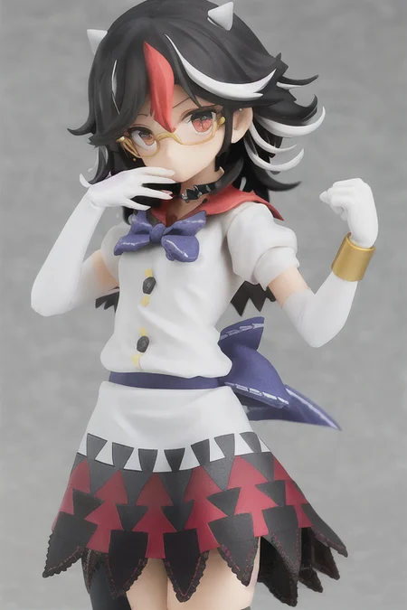 masterpiece, best quality, 1girl, solo, solo focus, (((kijin seija))), horns, red eyes, multicolo(red hair:1.14), (black hair), streaked hair, short hair, (red hair:1.14), white hair, dress, bow, jewelry, bracelet, white dress, blue bow, (puffy short sleeves:1.45), puffy sleeves, bowtie, blue bowtie, short sleeves, arrow \(symbol\), white shirt, blue sash, purple bowtie, purple bow, buttons, ribbon trim, multicolored clothes, sash, sailor collar, red sailor collar, petite, skinny, thighhighs, elbow gloves, choker, glasses, pose, <lora:seijaKijin_seijaKijin:1>, <lora:figmaAnimeFigures_figma:1>