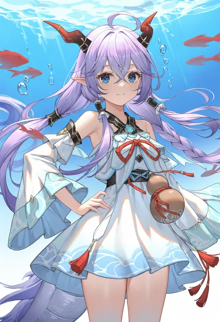 1girl, horns, tail, gourd, solo, detached sleeves, braid, fish, smile, purple hair, long hair, looking at viewer, ahoge, wide sleeves, blue eyes, dragon tail, pointy ears, crossed bangs, dress, cowboy shot, hair between eyes, dragon horns, underwater, very long hair, bare shoulders, long sleeves, closed mouth, dragon girl, hand on own hip, short dress, hair tubes, twin braids,
masterpiece,best quality,newest,absurdres,highres,very awa,<lora:alguang2_noob1.1-000178:0.9>,