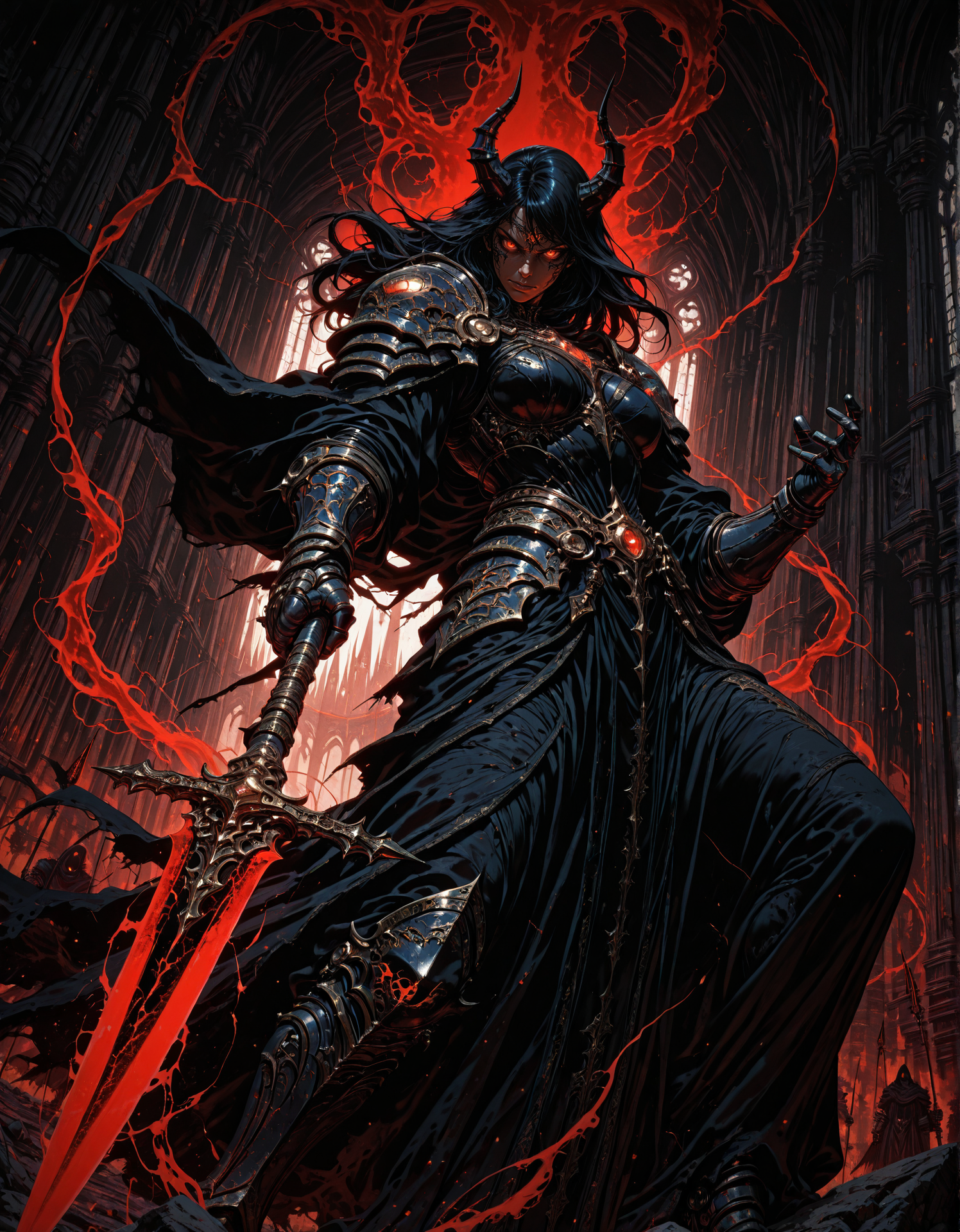 masterpiece, best quality,high quality, newest, highres,8K,HDR,absurdres, 1girl, long hair, horns, weapon, tattered robe, glowing eyes, dark fantasy, holding spear, floating, intricate tattoos, ethereal aura, red and black color scheme, armored gauntlets, golden ornaments, looking at viewer, battle stance, supernatural energy, shadowy background, gothic architecture, dynamic pose, dramatic lighting, detailed background, depth of field, dynamic composition, foreshortening, detailed background, dynamic pose, dynamic composition,dutch angle, detailed backgroud,foreshortening,blurry edges,  <lora:iLLMythM4gicalL1nes:1> M4gicalL1nes