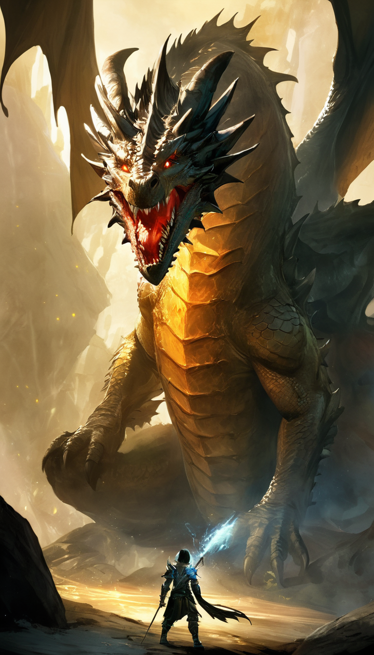 Cinematic scene, a young dragon slayer ventures into the heart of a dragon's lair, determined to slay the beast and claim its treasure, masterpiece, best quality, high quality, highres, absurdres, vivid, Guild Wars 2 <lora:guild_wars_xl_v4:1>
