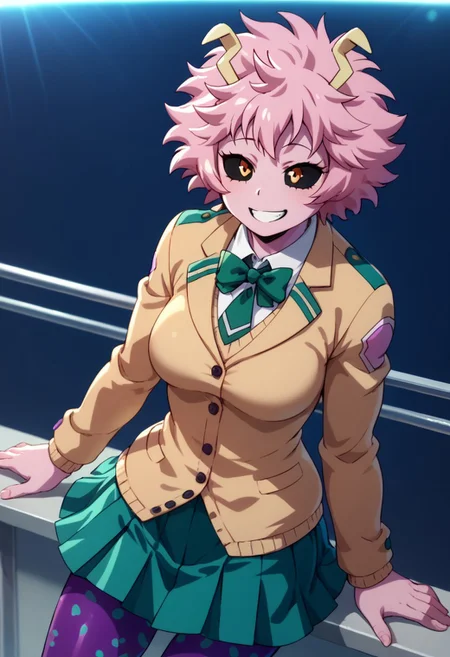 score_9, score_8_up, score_8_up, layering, 1girl, slimes_minaashido, smiling, love, solo, makeup above eyes, black lips, bike uniform, blazer, cardigan, skirt, exposed, soft breast, slender body, ultra detailed, smooth skin texture, alluring curves, tasteful sensuality, softcore