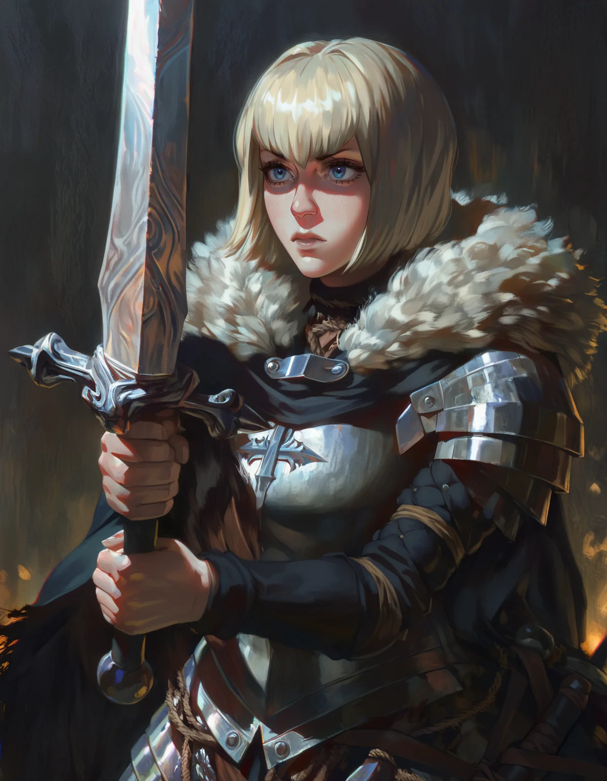 pixel-perfect masterpiece, best quality, highres, highly detailed, (traditional media, painting \(medium\), painterly, jaggy lines, bold outlines, oil painting \(medium\):0.5),   
solo, pretty turned head, dynamic, expert shading, Highlights and Lowlights effect ,Melancholic overall style style of dark souls \(series\),
1girl, plated armor, detailed face, skin texture, stance, holding a claymore sword,
curled platinum blonde hair, bob cut,  blue eyes with eyelashes, shaded face, chromatic aberration, 
 <lora:Sabudenego v-pred:0.9>