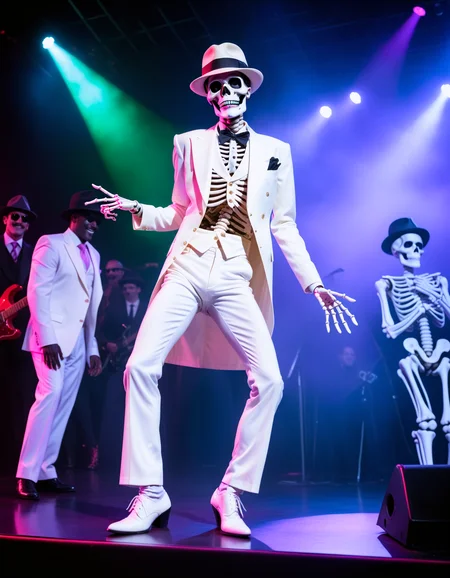 Photorealistic, a skeleton performing the Smooth Criminal lean on a stage in front of an enthusiastic audience. The skeleton is angled forward with one leg extended, wearing a white suit and fedora. The background features neon lights, fog effects, and a cheering crowd. The lighting is bright and colorful, with spotlights focused on the skeleton. The camera shot is a wide shot, capturing the skeleton's lean and the detailed stage and audience.