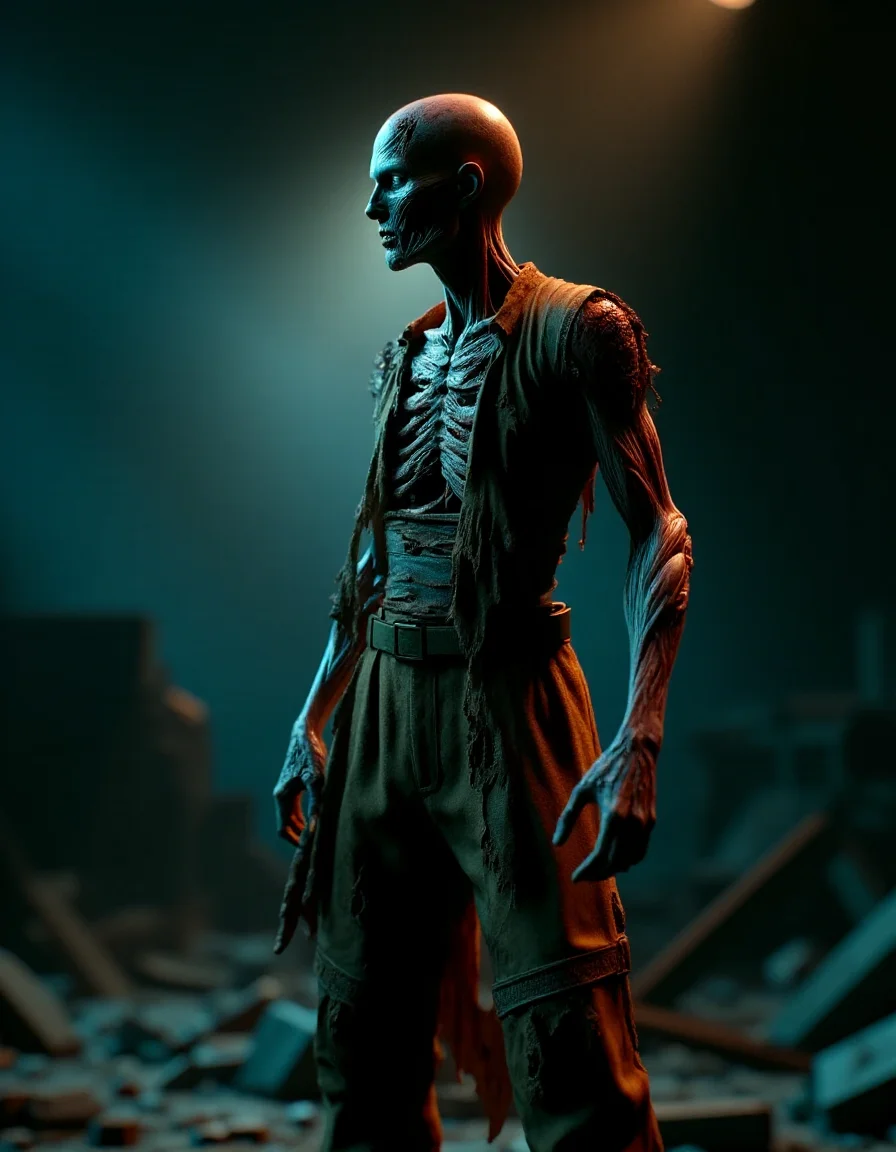 dark photograph, Kodak Portra 160, two colors, 80mm, cinematic lighting, Phase One XF IQ4 150MP, stocky ral-zmbyz, World-renowned, Masculine Pose, Accent lighting, Lens Flare, Fujicolor Pro 400H, F/1.8, <lora:ral-zmbyz-flux:1>, modified, aesthetic, vivid colors, extremely stylish, fertile
