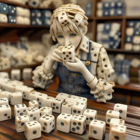 dice shop assistant<lora:dice:1>