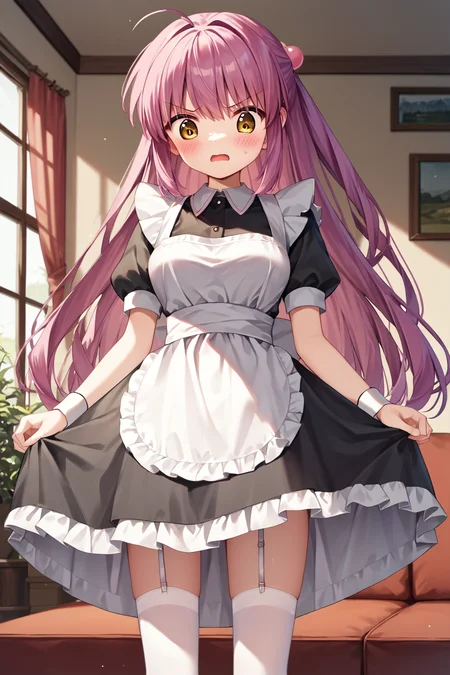 score_9, score_8_up, score_7_up, score_6_up, rating_safe, source_anime, best quality, masterpiece, detailed background, detailed eyes, living room, maid outfit, covering, blush, open mouth, embarrassed, angry eyebrows, looking down, <lora:futaki-kanata-xl-06:1>, futaki kanata, yellow eyes, medium breasts, small ahoge, white thighhighs, white garter