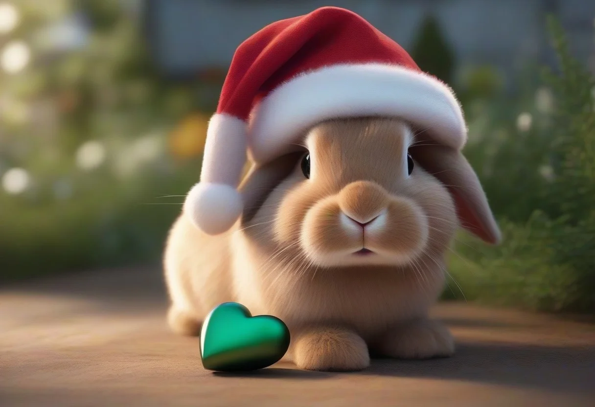 A happy cute, bunny, (wearing a Christmas hat), Adorable, heart warming, cheerful, detailed, bright colours, friendly expression, small size, shiny, eco-friendly, garden, environmental, sunlight, shadows, digital art, whimsical, playful, intricate details, high resolution, photorealistic, joyful atmosphere, gentle, soft lighting, cartoonish style, enchanting, vivid, appealing, character design, imaginative, family-friendly, [photography, realistic, photorealistic, (8k), (highly detailed), cinematic lighting, intricate details, (high resolution), award-winning,   correct focus, realistic, realistic lighting, (highly detailed),  masterpiece], ((Cinematic Still-Shot))