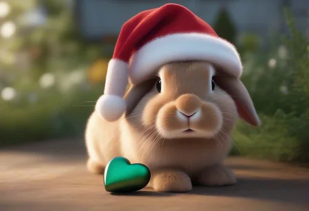 A happy cute, bunny, (wearing a Christmas hat), Adorable, heart warming, cheerful, detailed, bright colours, friendly expression, small size, shiny, eco-friendly, garden, environmental, sunlight, shadows, digital art, whimsical, playful, intricate details, high resolution, photorealistic, joyful atmosphere, gentle, soft lighting, cartoonish style, enchanting, vivid, appealing, character design, imaginative, family-friendly, [photography, realistic, photorealistic, (8k), (highly detailed), cinematic lighting, intricate details, (high resolution), award-winning,   correct focus, realistic, realistic lighting, (highly detailed),  masterpiece], ((Cinematic Still-Shot))