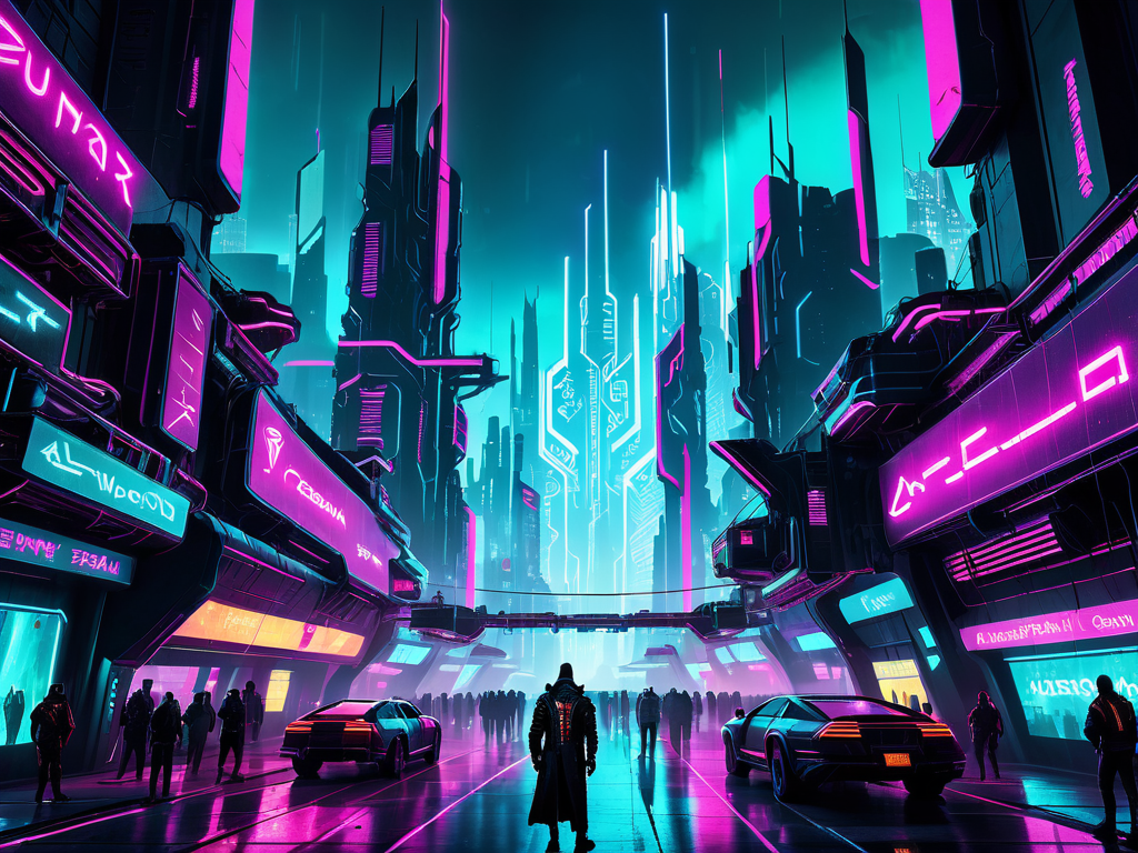 a cyberpunk dystopian city in cyberspace,neon lights,futuristic,,asmaria,   <lora:AsMaria_Style_XL_Digimon_Illustrator:0.75>