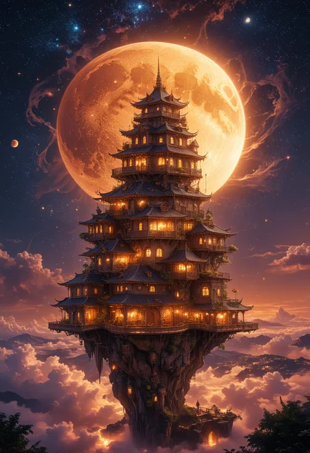 cinematic and fantasy scene, a multi-story fantasy house perched on a floating island, each level with unique architectural design, The house is warmly lit from within, welcoming glow against a night sky backdrop, A large radiant crescent moon should be present in the background, casting a soft light over the scene, The sky is filled with twinkling stars, magical and dreamlike atmosphere, <lora:Niji:0.7>, <lora:add-detail-xl:1>, <lora:SDXLFaeTastic2400:0.3>