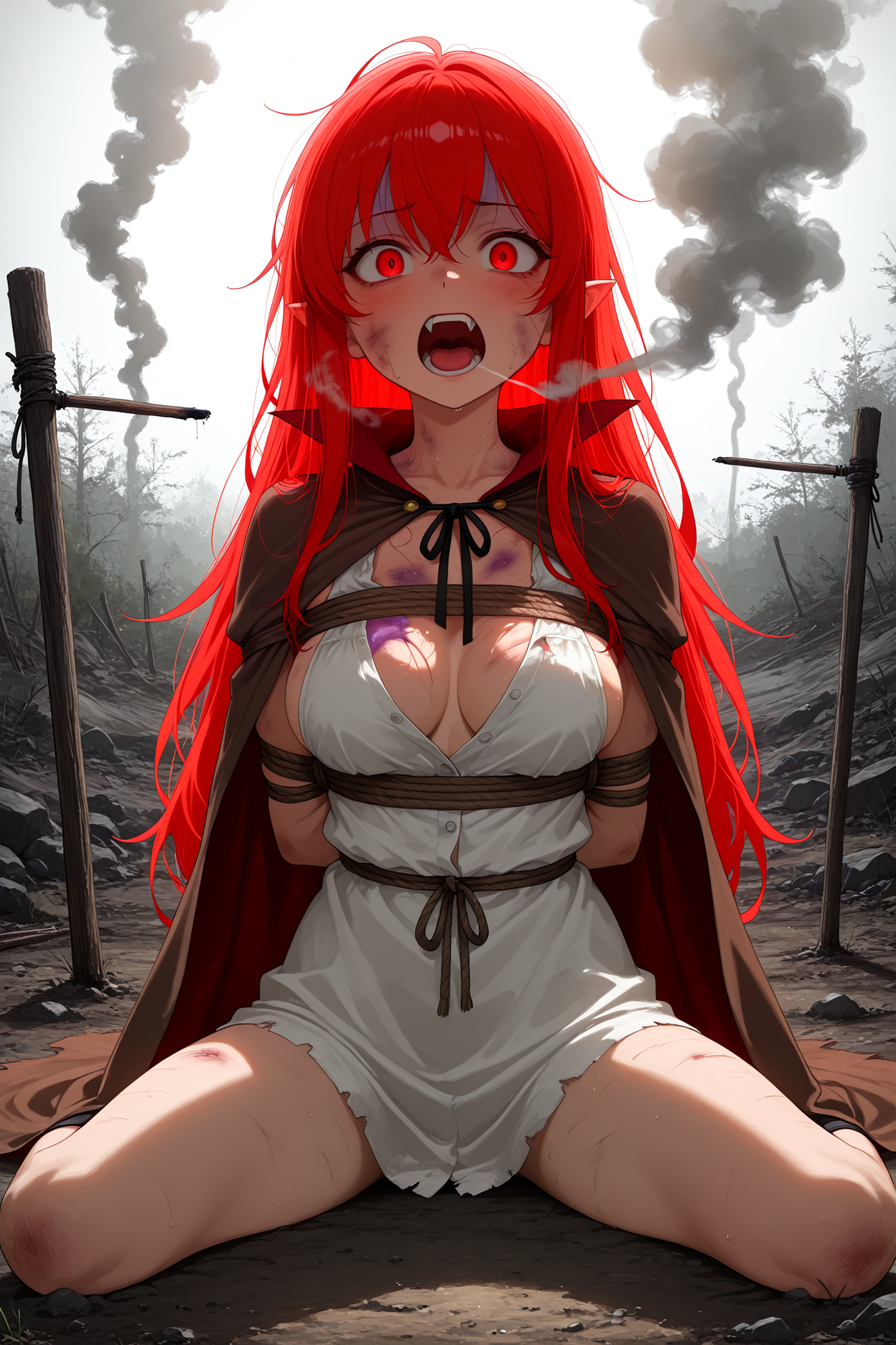 1girl, vampire girl, damaged body, sunlight, tied to a wooden stake, rope, blush, screaming, eyes wide open, bare shoulders, cleavage, sideboob, thighs visible, spread legs, dirt, fangs, (horror expression, agony, withered body, bruised, bruise on face:1.25), (smoke trail from body:1.5), brown cape, white dirty shirt, rope around thighs
BREAK
abandoned landscape, bright sunlight, harsh lighting, dramatic shadows, dusty ground, rocks, masterpiece, best quality, absurdres