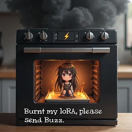 A realistic photograph of a modern kitchen featuring an oven with black smoke billowing out. The oven door is slightly open, revealing an anime girl sitting on a metal tray inside. The anime girl, with long, messy hair and large expressive eyes, is covered in black soot and surrounded by small flames, indicating she is on fire. The brand name "LoRA BAKER 4080" is prominently displayed on the oven, accompanied by a distinctive yellow lightning bolt logo. At the bottom of the image, there is a bold text caption that reads, "Burnt my LoRA, please send Buzz."