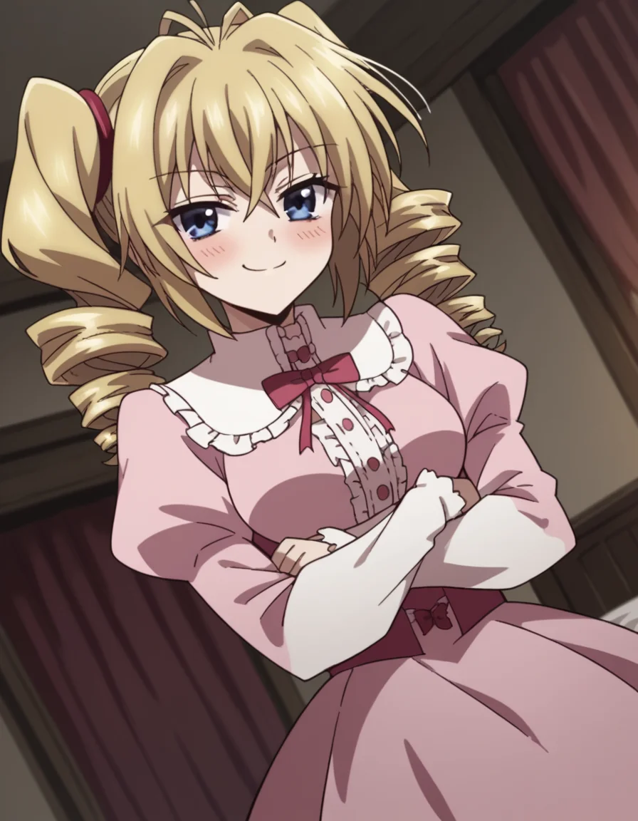 score_9, score_8_up, score_7_up, source_anime, <lora:ravel-phenex-s1-ponyxl-lora-nochekaiser:1>, ravel phenex, blue eyes, blonde hair, twintails, drill hair, antenna hair, medium breasts, dress, bow, pink dress, puffy sleeves, long sleeves, frills,, indoors, bed, bed room, on side, blush, drunk,, smile, looking at viewer, crossed arms, smug, solo,, cowboy shot, dutch angle,