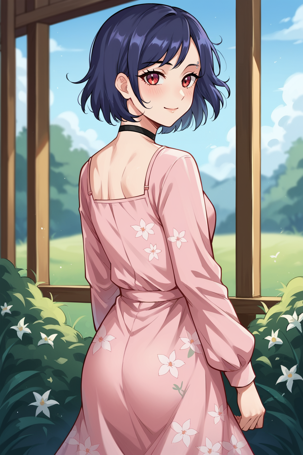 score_9, score_8_up, score_8, source_anime,
<lora:Everlasting_Summer_Kristina_by_GraffMetal:0.7>, kristina, short hair, red eyes, piercing, dark purple hair color, bob hair cut, 1girl, solo, blue hair, black hair, eyebrow piercing
choker, blush, light smile,
from behind, looking back, long sleeves, floral print, pink dress, thighs, wind, outdoors
amazing background, looking at the viewer,