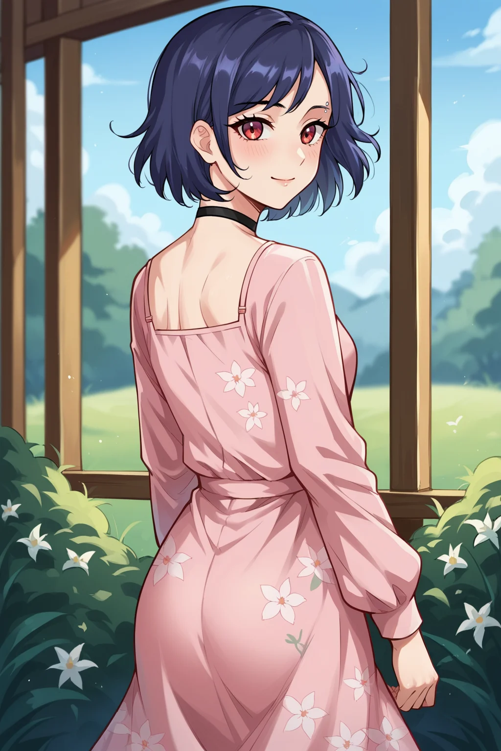score_9, score_8_up, score_8, source_anime,
<lora:Everlasting_Summer_Kristina_by_GraffMetal:0.7>, kristina, short hair, red eyes, piercing, dark purple hair color, bob hair cut, 1girl, solo, blue hair, black hair, eyebrow piercing
choker, blush, light smile,
from behind, looking back, long sleeves, floral print, pink dress, thighs, wind, outdoors
amazing background, looking at the viewer,