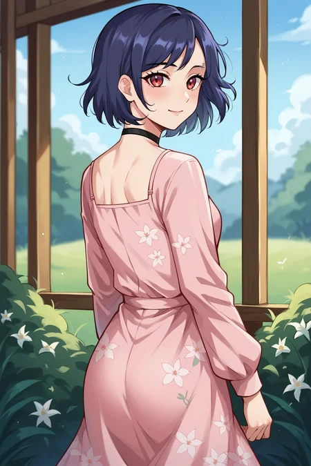 score_9, score_8_up, score_8, source_anime,
<lora:Everlasting_Summer_Kristina_by_GraffMetal:0.7>, kristina, short hair, red eyes, piercing, dark purple hair color, bob hair cut, 1girl, solo, blue hair, black hair, eyebrow piercing
choker, blush, light smile,
from behind, looking back, long sleeves, floral print, pink dress, thighs, wind, outdoors
amazing background, looking at the viewer,