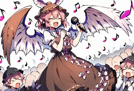 score_9, score_8_up, score_7_up, masterpiece, best quality, detailed, perfect, perfection, vibrant, gorgeous,
BREAK
mystia, wings, brown headwear, short hair, hat, animal ears, puffy sleeves, dress, pink hair, brown dress, cowboy shot, frills, pink eyes, juliet sleeves, jewelry, shirt, winged hat, bangs, hair between eyes, white wings, white shirt, bird wings, feathered wings, earring, frolled dress, frilled sleeves,
BREAK
bad singing,crowd,happy,grimace,(hands on own ears:1.2),music,noisy musical note, multiple boys,screaming,closed eyes,blank eyes,holding microphone,
