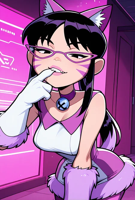 <lora:nyancychan-10:1> nyancychan, black hair, 1girl, long hair, cat ears, purple glasses,  claws, gloves, neck bell, purple choker, whisker markings, ponytail, pink pants, short dress, sleeveless, sharp canines, pink lipstick, expressive, facial expression,(( cartoon, screencap)), half closed eyes, seductive look, leaning forward, teeth, biting fingers, pink theme, masterpiece, best quality, amazing quality, very aesthetic, absurdres, newest,