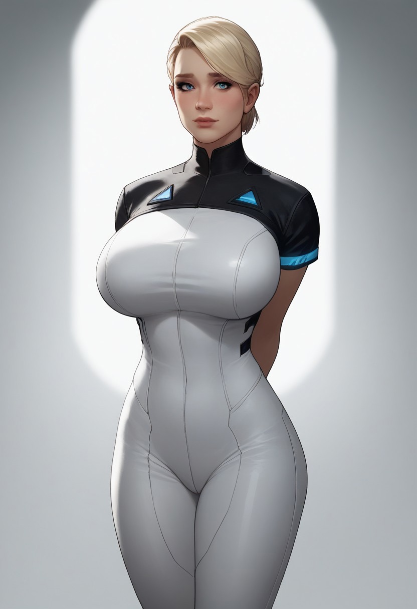 score_9, score_8_up, score_7_up, score_6_up,
high quality, high detail,
((masterpiece:1.2, best quality:1.2, dynamic lighting:1.1,))
full body shot, straight-on, bilaterally symmetrical,
1girl, solo,
<lora:KaraDBH:0.7>,
lips,
perfect eyes, perfect lips,
blonde hair, short hair, short ponytail,
blue eyes,
long legs, wide hips, thick thighs, huge breasts,
bodysuit, pants, short sleeves, white shirt, black sleeves, white pants, white footwear,
shy, light smile,
hands behind back,
standing, looking at viewer,
futuristic, Sci-Fi,
white background,
simple background,