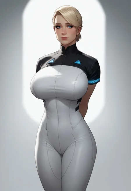 score_9, score_8_up, score_7_up, score_6_up,
high quality, high detail,
((masterpiece:1.2, best quality:1.2, dynamic lighting:1.1,))
full body shot, straight-on, bilaterally symmetrical,
1girl, solo,
<lora:KaraDBH:0.7>,
lips,
perfect eyes, perfect lips,
blonde hair, short hair, short ponytail,
blue eyes,
long legs, wide hips, thick thighs, huge breasts,
bodysuit, pants, short sleeves, white shirt, black sleeves, white pants, white footwear,
shy, light smile,
hands behind back,
standing, looking at viewer,
futuristic, Sci-Fi,
white background,
simple background,