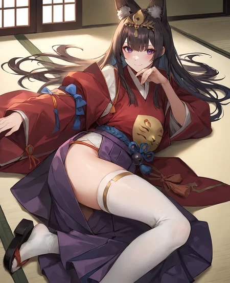 score_9,score_8_up,score_7_up,source_anime,rating_safe BREAK masterpiece,highres,best quality,high quality,dramatic angle,cinematic lighting,1girl,<lora:ShadowverseGinsetsu_Pony_V3:0.86>,animal ears,black hair,hair ornament,tassel,gold trim,jewelry,purple eyes,red kimono,red dress,purple skirt,white shirt,wide sleeves,clothing cutout,purple hakama,white thighhighs,holding,sleeves past wrists,smile,lying,tatami,indoors,seductive pose,looking at viewer,embarrassed,