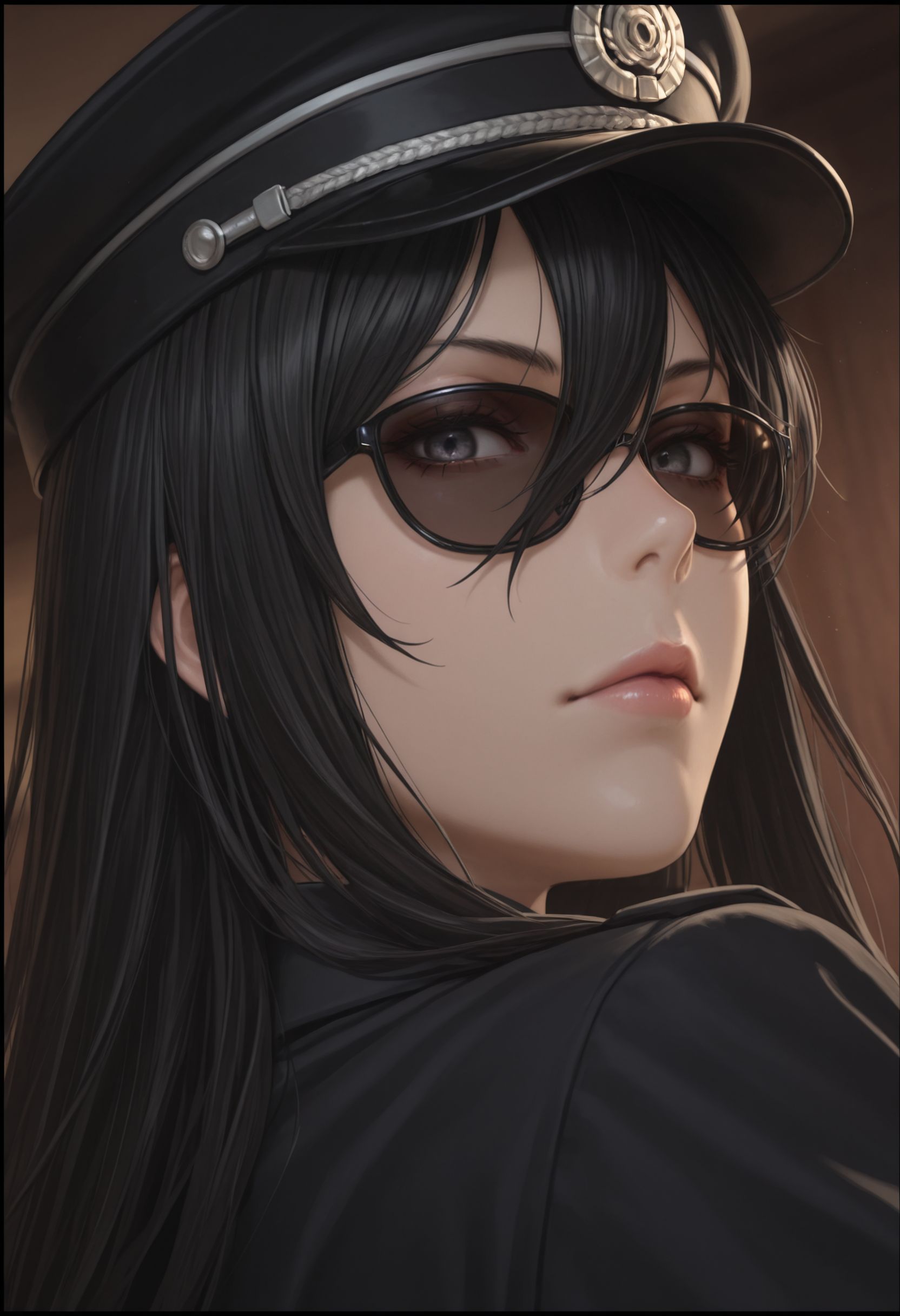 masterpiece, best quality, newest, (realistic:0.5), solo, looking at viewer,
 <lora:Seike Taroumarui Illu :1> 1girl, black hair, long hair, hair between eyes,  highs, sunglasses,peaked hat,necktie, close-up, looking_back, dutch_angle,border,makeup,dynamic angle