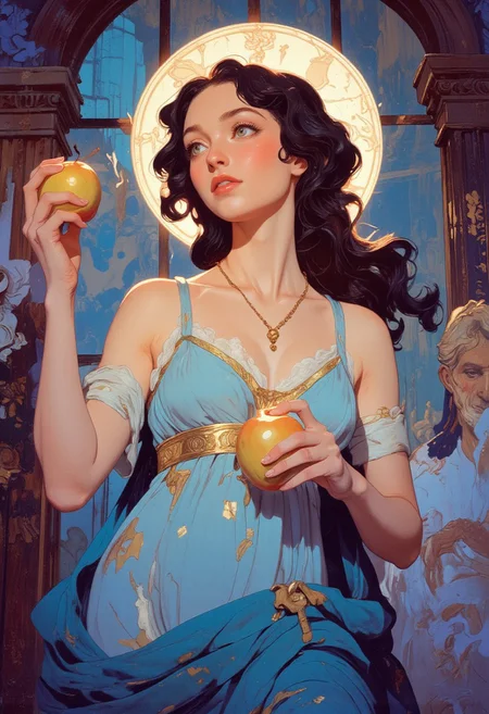 Greek goddess Aphrodite holding a golden apple. wearing greek light blue clothing, seductive woman in great shape, big breasts, she has seductive look, anime style, vibrant colors, cinematic shot, soft lighting, cool tones