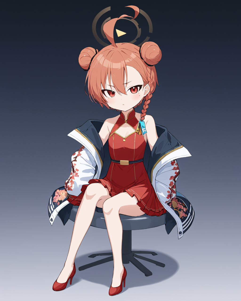 neru \(blue archive\),1girl, solo, halo, sitting, china_dress, looking_at_viewer, high_heels, double_bun, holding_fan, jacket, full_body, ahoge, mole_under_eye, open_mouth, folded_fan, single_braid, red_dress, bare_legs, red_footwear
<lora:neru_(blue_archive)_image1870_2023-11-28:1>halo. gorgeous,key visual, vibrant, studio anime,award-winning, professional, highly detailed,high budget, cinemascope