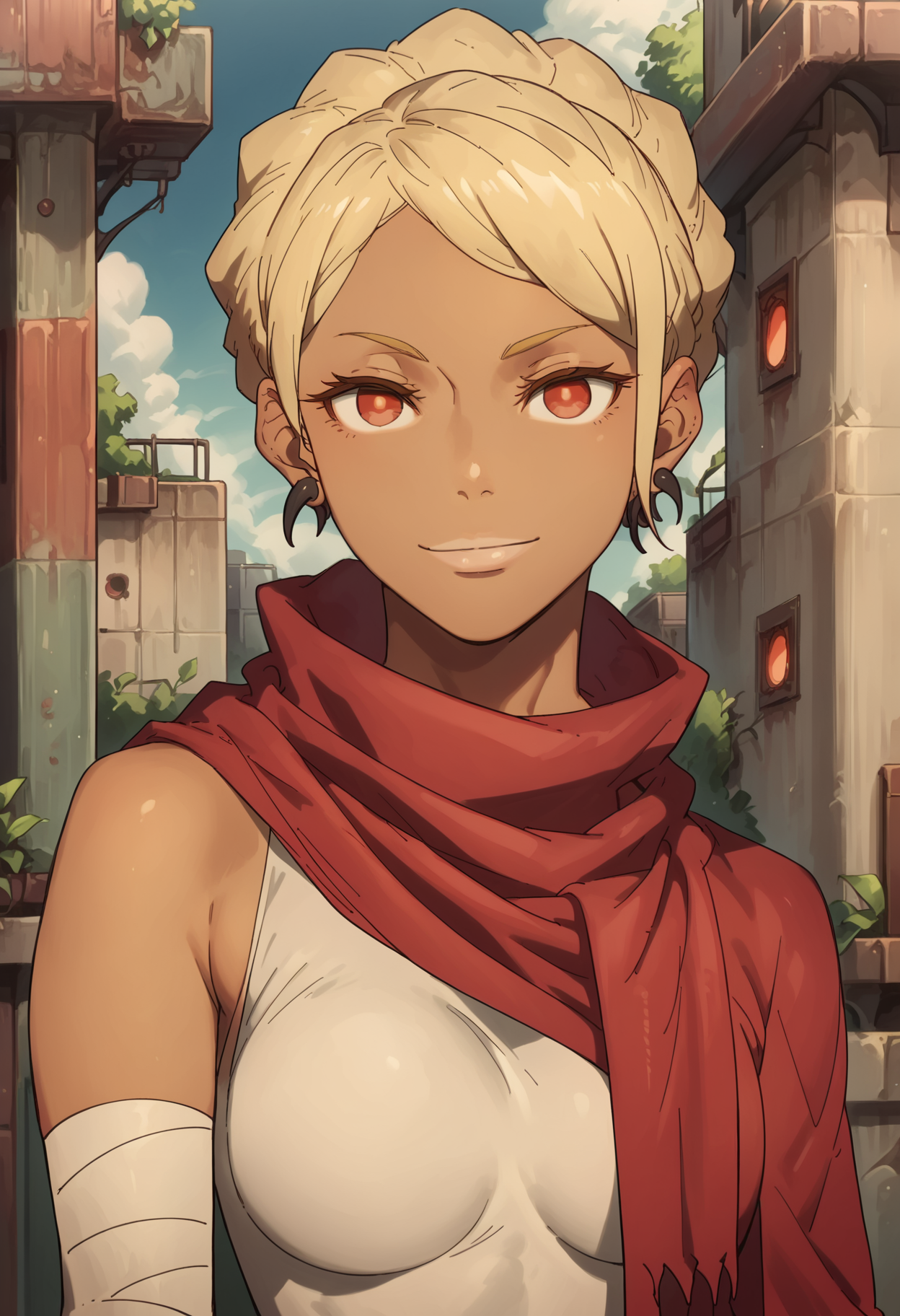score_9, score_8_up, score_7_up, score_6_up,   front view, 1girl,solo, kurenai_deca, blonde hair, red eyes, braid, earrings, scarf, dark-skinned female,light smile, breasts,  outdoors, <lora:kurenai_deca:0.8> <lora:MoriiMee_Gothic_Niji_Style__Pony_LoRA_V2_Alt:0.6> morimee_style,