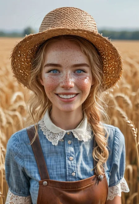 epiCRealism, 1girl, portrait of a farmer girl, bellissima, petit, slender, open smile, wearing leather apron over a checkered white and beige blouse, short sleeves, lace collar and lace on sleeves' rim, neck bow, messy and wavy blond hair, clean blue eyes, natural  beauty, no makeup, big eyes, freckles, large torn straw pointy hat , honest and cute face, wheat field being harvested in the background, hot summer day, sweat brow and temples, warm smile, parted lips, art by mooncryptowow, Detailed natural skin and blemishes without-makeup and acne