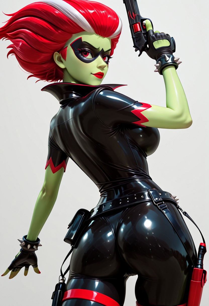 masterpiece, high quality, best quality, vivid colors, vibrant colors, BREAK, Befana , red eyes, green skin female, red hair,  red brushed back up hair with two stripes on each sides, red lipstick, black bodysuit, skin-tight, mask domino mask, black bow, red edges, short sleeves with jagged red edges stripes,  large jagged red-tipped collar, black fingerless gloves, spiked black cuffs, two thin black belts, sexy, erotic, skin tight, slim waist, wide hips, large breasts, dynamic pose, handgun, back view, BREAK, simple background