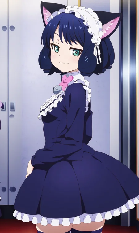 masterpiece, best quality, curvy, beautiful eyes, zzcyanhijirikawa, animal_ears, 1girl, solo, looking_back, dress, cat_ears, smug, aqua_eyes, hairband, bowtie, green_eyes, cat_girl, from behind, bell, curly_hair, :3, upper body, solo, bow, striped_clothes, black_hair, short_hair, dress, blue_hair, portrait, fashion, smile, zettai_ryouiki, anime_coloring, maid_headdress, pink_bow, frills, gothic,