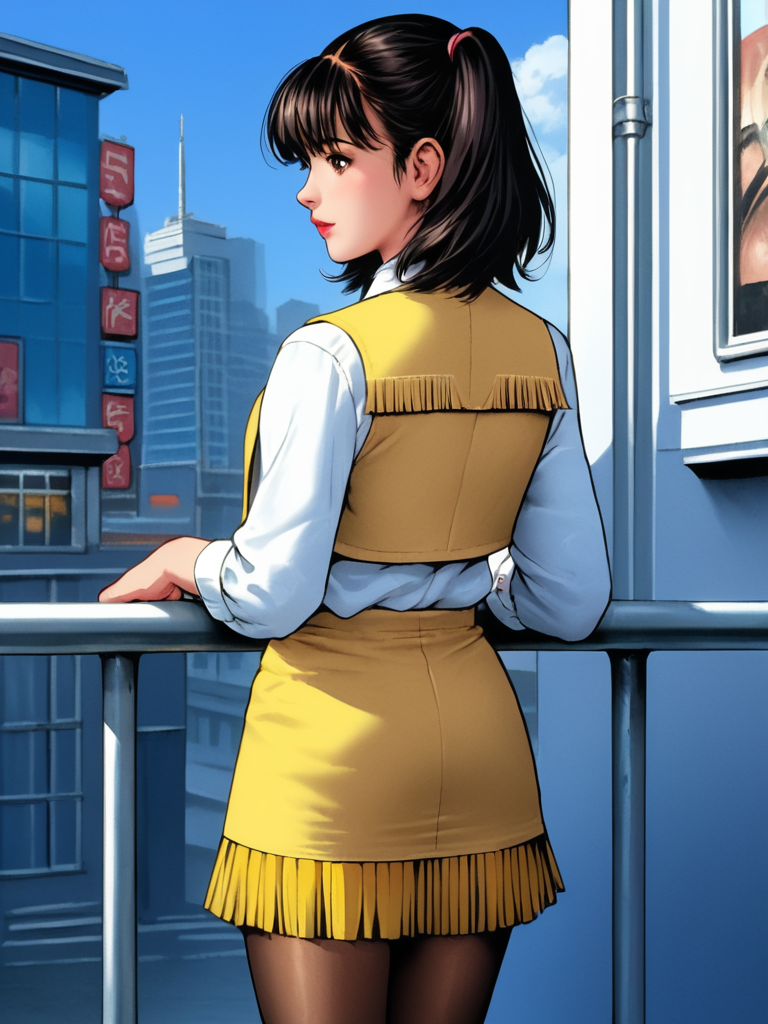 score_9, score_8_up, score_7_up, 1girl,solo,  <lora:100_shaider_annie_pdxl:1> annie_shaider, anncost2, black hair, shoulder length hair, bangs, brown eyes, Japanese woman, white standing collar shirt, bolo tie,  yellow vest with fringe, yellow fringed skirt, pantyhoses, legs,city, rear view, close up view