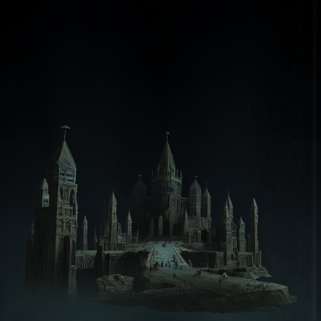 A Medieval castle with elderscrolls inspired aestetics and legend of zelda
Set against a solid dark black color background to emphasize its unsettling unnatural form that emphasizes its silhouette. The medium is not a traditional painting or illustrative medium like watercolor or ink but rather a digital 3D rendering.
MikeFranchinastyle, d4artstyle, d4concept, , bbstyle,, horror theme,, zbrush, ZBClay model of a gray sculpture, 1990's, 1990's style