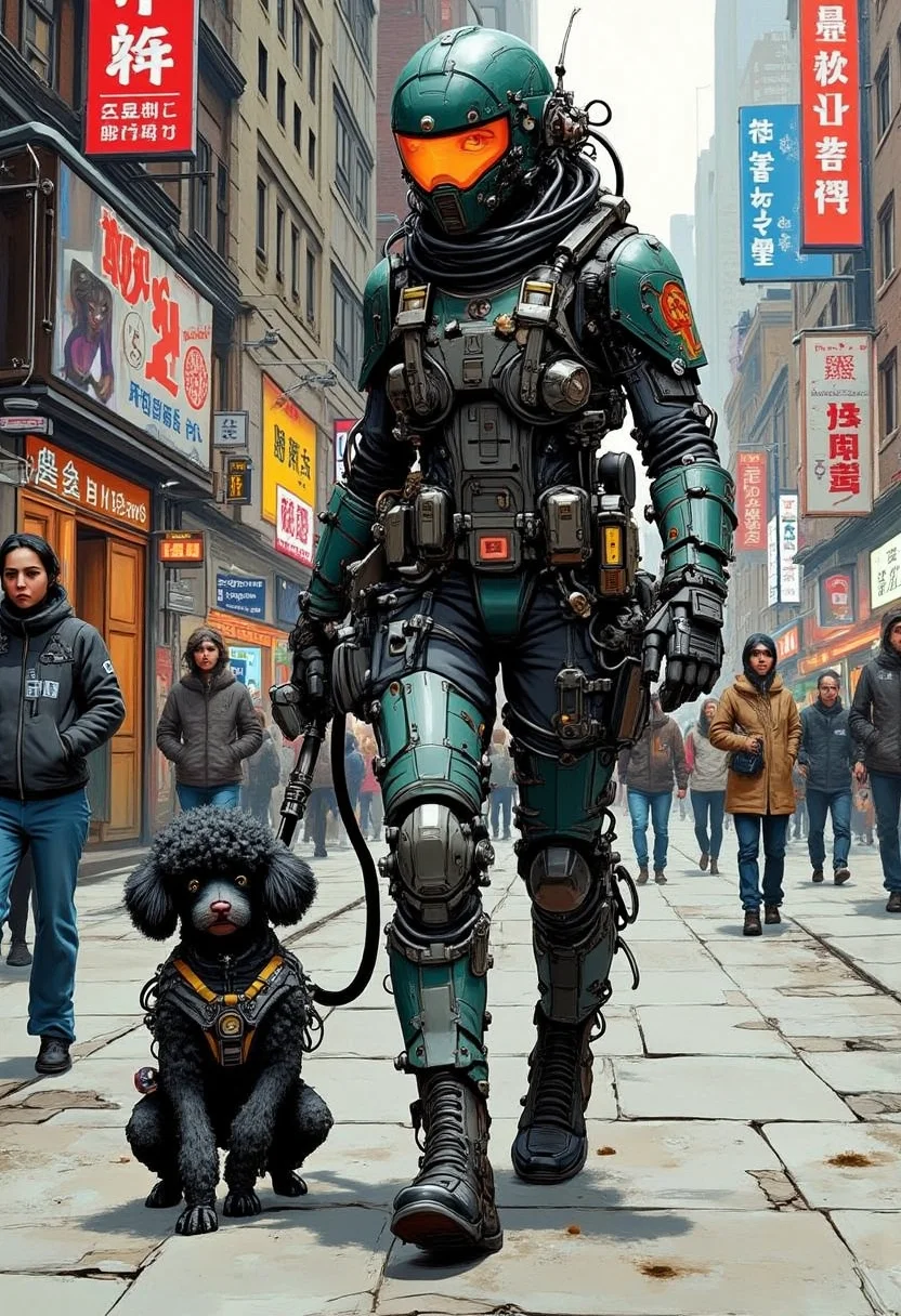 yfg-f@ce, Comic book illustration in a dramatic angle of a female sentinel bot walking a mechanical toy poodle on the sidewalk of a busy urban environment clean graphic style.