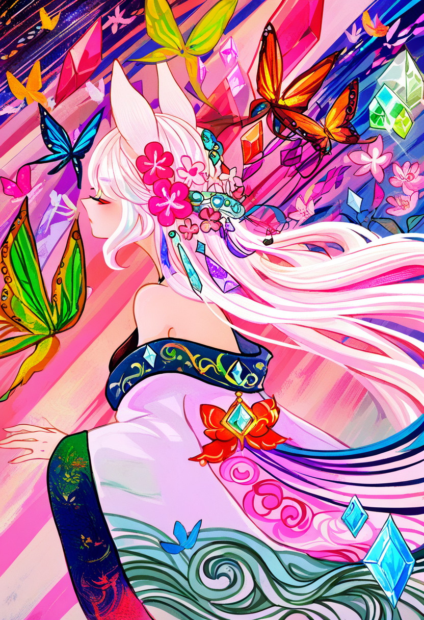 1girl, flower, long hair, solo, butterfly, animal ears, crystal, colorful, bug, white hair, off shoulder, hair ornament, bare shoulders, profile, closed eyes, pink flower, wide sleeves, gem, japanese clothes, hair flower <lora:cqtlatteXL_NBVP1_lokr_V6311P:0.95>