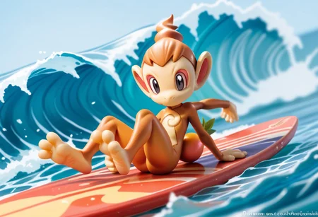score_9, score_8_up, Score_7_up, score_6_up, score_5_up, Chimchar, Pokemon (creature), monkey, surfing, water, feet on surfboard, 3 toes, peach colored feet, foot focus, feet style, foot style
