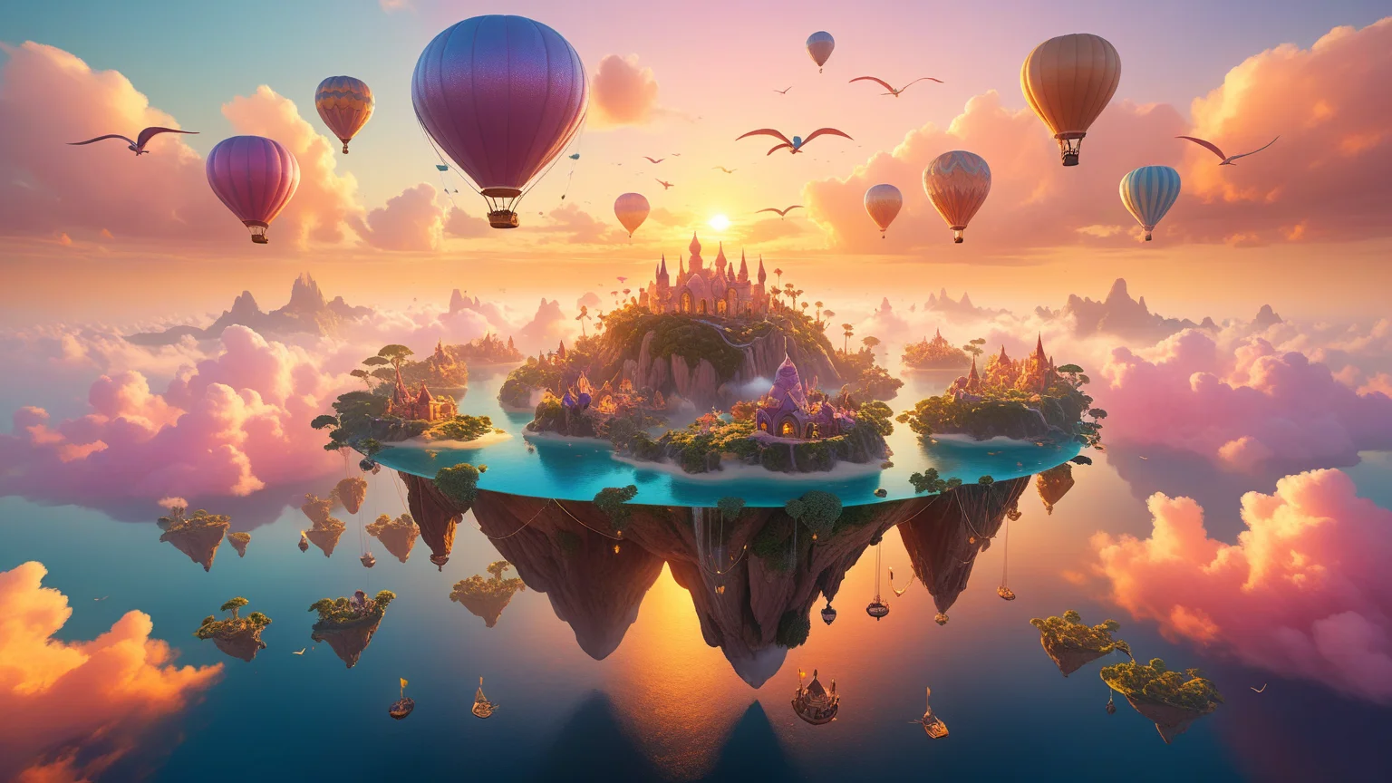 floating islands, gentle breezes, flying mysterious creatures, ethereal, sky-bound realms, golden hour, realistic, incredible, ultra-detailed, unique perspective, vibrant, pastel colors <lora:add-detail-xl:1>