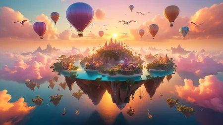 floating islands, gentle breezes, flying mysterious creatures, ethereal, sky-bound realms, golden hour, realistic, incredible, ultra-detailed, unique perspective, vibrant, pastel colors <lora:add-detail-xl:1>