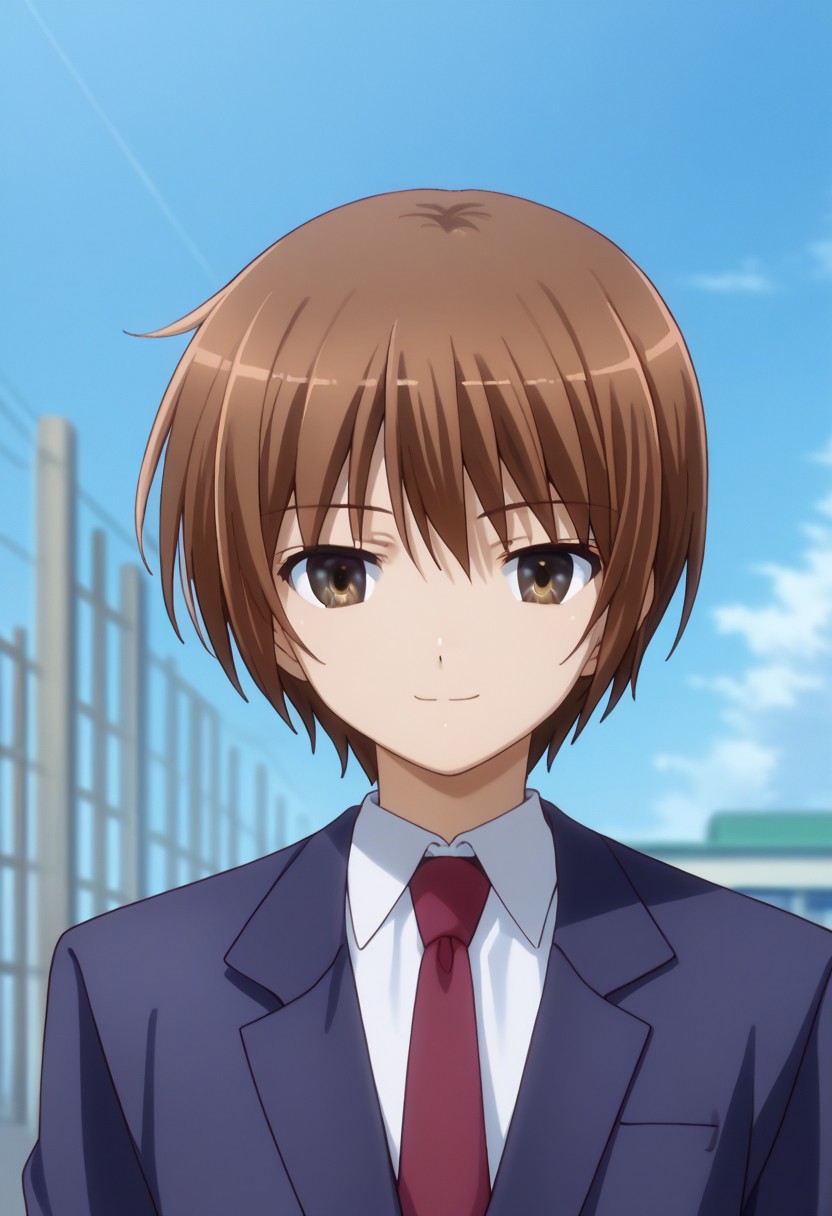 score_9, score_7_up, source_anime 
subaruhasegawa, 1boy, male focus, solo, brown eyes, brown hair, school uniform, shirt, white shirt, collared shirt, necktie, red necktie, jacket, blazer, blue jacket, smile
outdoor, sky,