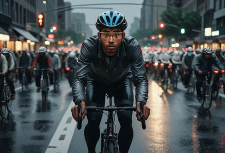 (medium full shot) of (medium shot , straight on) of urban artist cycling through traffic, detailed face, located in an urban scene at a crowded intersection during noon with overcast weather, illuminated by moonlight, creating a vibrant atmosphere, ,Masterpiece,best quality, raw photo, realistic, very aesthetic