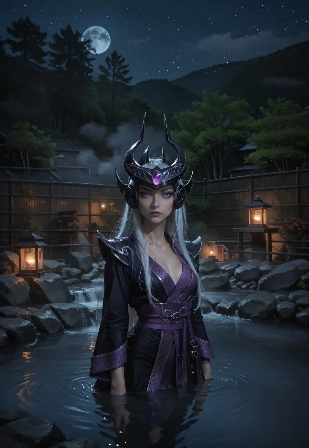 safe_pos, score_9, score_8_up, score_7_up, score_6_up, rating_explicit, score_9, score_8_up, score_7_up, a beautiful girl, (only wears a purple silk bathrobe) subsurface scattering, Photorealistic, Hyperrealistic, analog style, realistic, film photography, soft lighting, photo, cinematography, high resolution, 8k, syndra, white hair, purple eyes, night view, full moon, ruanyi0653,onsen,fence,rock,water,fog, seducting look