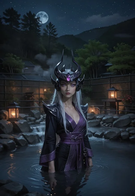 safe_pos, score_9, score_8_up, score_7_up, score_6_up, rating_explicit, score_9, score_8_up, score_7_up, a beautiful girl, (only wears a purple silk bathrobe) subsurface scattering, Photorealistic, Hyperrealistic, analog style, realistic, film photography, soft lighting, photo, cinematography, high resolution, 8k, syndra, white hair, purple eyes, night view, full moon, ruanyi0653,onsen,fence,rock,water,fog, seducting look
